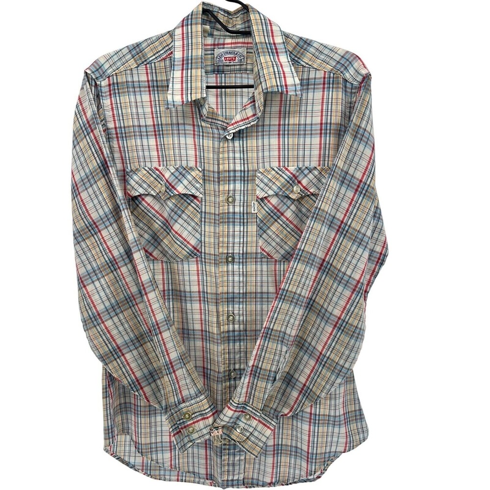 Levi's Plaid Button Up Shirt M Rockabilly Western Rodeo Vtg Sheer‎ USA Made